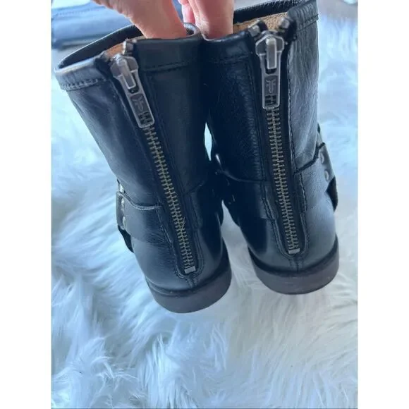 Frye Women's Phillip Harness Boots 6.5 B Black Leather Ankle Zip Motorcycle - Picture 3 of 7